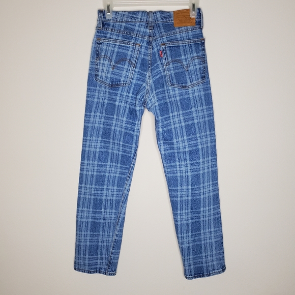 Levi's x Free People Blue Plaid Print High Rise Button Fly Wedgie Straight Jeans - Picture 7 of 13